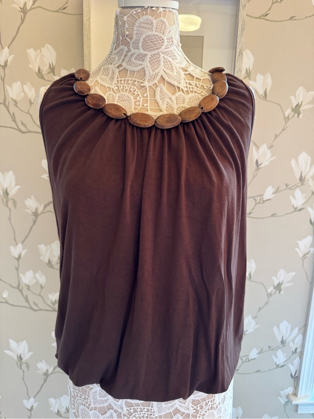 august silk Brown Sleeveless Tank with Wooden Bead Detail